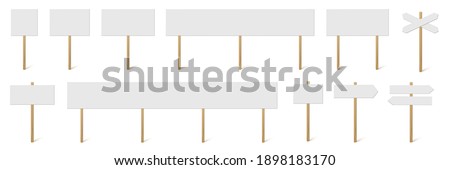 Signposts and banners with blank boards set. Wooden sticks with white signs vector illustration. Retro street direction posts isolated on white background. Simple empty information placards. Royalty-Free Stock Photo #1898183170