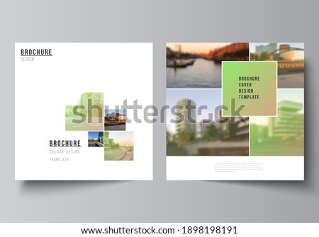 Vector layout of two square format covers design templates for brochure, flyer, magazine, cover design, book design, brochure cover. Abstract project with clipping mask green squares for your photo.