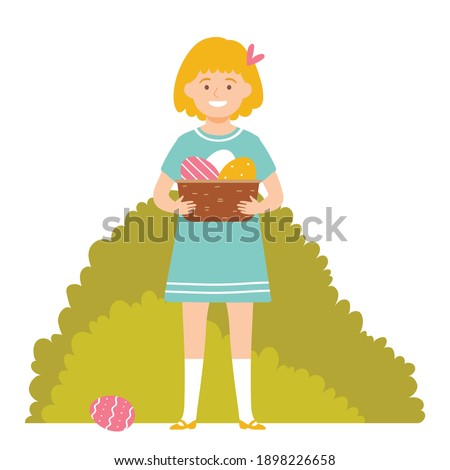 Blonde girl on Easter egg hunt in garden. Holds a basket of Easter eggs. Girl play outdoors. Character on white background. Vector illustration in flat style.