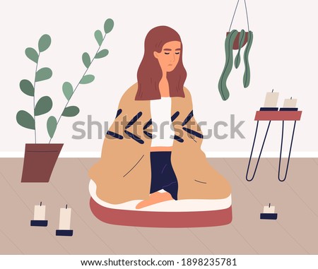 Woman meditating in cross legged posture on yoga cushion. Relaxed person practicing mindfulness or vipassana meditation and breath control exercises at home. Colored flat vector illustration