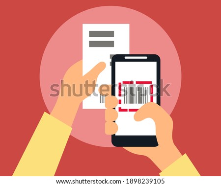 Mobile bill payment barcode scan concept. Hands hold smart phone and bill. Cartoon vector style for your design.