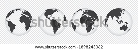 Earth globe icon set. earth hemispheres with different continents. world map vector isolated on transparent background.