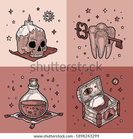 Set of Magic Boho Elements on Vintage Background. Sacred Object. Chest with Masonic Symbol, Tooth with Key, Glass Bottle of Potion, Human Skull. Greeting Card for All Saints Day, Halloween, Party