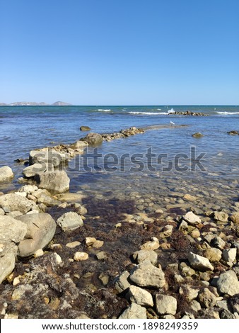 Blue sea shore with stones in water on a sunny day