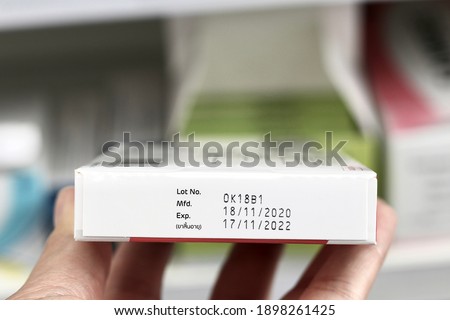 Drug expiration is the date after which a drug might not be suitable for use as manufactured. Consumers can determine the shelf life for a drug by checking its pharmaceutical packaging. Royalty-Free Stock Photo #1898261425