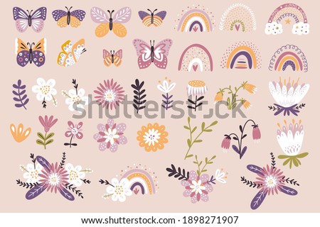 Butterflies, rainbows and flowers. Floral clipart. Spring Scrapbook. Hand drawn illustration. 