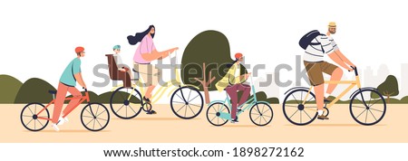Big family riding bikes together. Young parents with kids cycling in park. Cute mother, father with three children in helmets on bicycles. Flat cartoon vector illustration