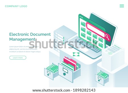Electronic documents management isometric landing page, paperwork organization concept with laptop, office cabinet with drawers and files. Business administration, data storage, 3d vector web banner Royalty-Free Stock Photo #1898282143