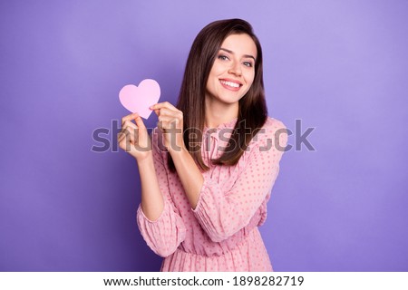 Portrait of cheerful person hold heart postcard toothy smile wear vintage clothing isolated on violet color background