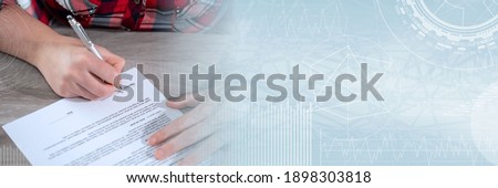 Woman hands signing a contract; panoramic banner
