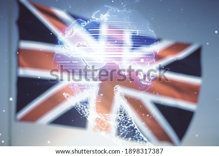 Double exposure of abstract digital world map on British flag and blue sky background, research and strategy concept