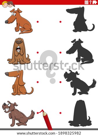 Cartoon illustration of match the right shadows with pictures educational task for children with dogs and puppies characters