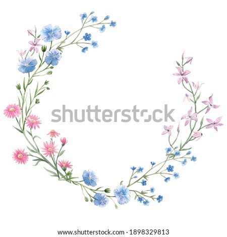 Beautiful floral wreath with watercolor hand drawn gentle spring flowers. Stock illustration.