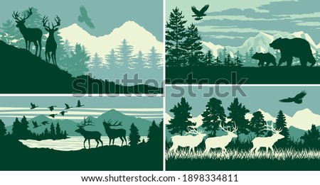 Mountain forest animal wildlife landscape vector outdoor adventure silhouette labels collection Royalty-Free Stock Photo #1898334811