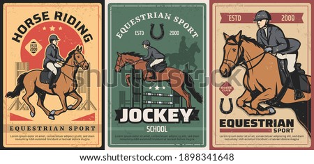 Equestrian sport, horse riding and race on hippodrome vintage posters. Vector professional ride, elite jockey school. Horseback riding sports grunge retro cards with rider and lucky horseshoe set Royalty-Free Stock Photo #1898341648