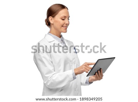 medicine, profession and healthcare concept - happy smiling female doctor or scientist in white coat with tablet pc computer Royalty-Free Stock Photo #1898349205