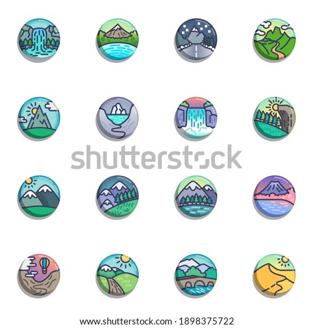 Nature landscape collection, flat icons set, Colorful symbols pack contains - waterfall, snowy mountain landscape, forest trees, meadow, desert sun. Vector illustration. Flat style design