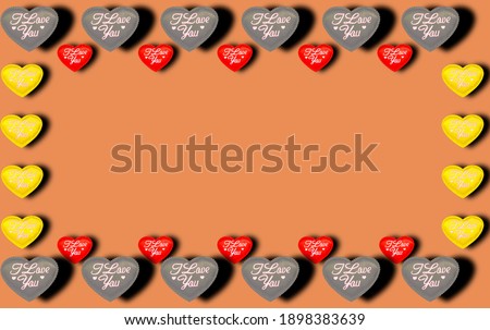A pattern with colorful hearts of different sizes. Frame for Valentine's Day on an orange background. Copyspace.