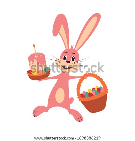 Easter bunny rabbit with Easter basket full of decorated Easter eggs.
