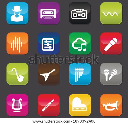 Music icon set for web sites and user interface. Colored buttons on a dark background
