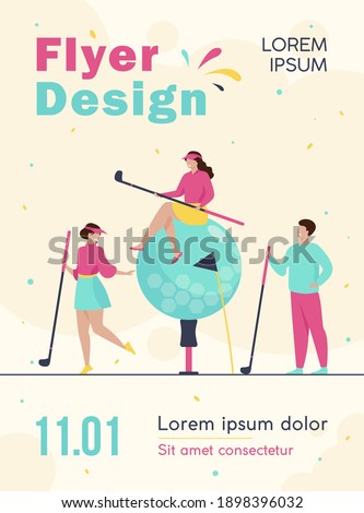 Happy people playing golf with brassies and ball on lawn, enjoying their hobby, having fun. Vector illustration for golf club, championship, sport, lifestyle concept Royalty-Free Stock Photo #1898396032