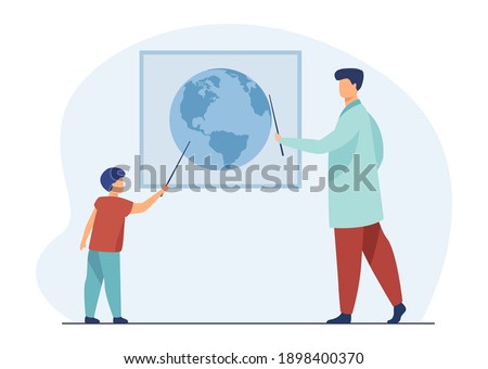 Man and kid studying and discussing world map. Student and teacher with pointer, dad and child. Flat vector illustration. Geography learning concept for banner, website design or landing web page
