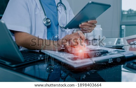 Double exposure of healthcare And Medicine concept. Doctor hands touching on modern virtual screen interface icons, blurred background.