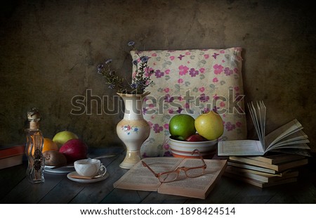 Still Life Photography, Table With Cups Of Coffee, Old books , a Vasa With Flowers,  Old Fashion Style, Retro Style