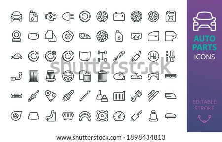 Auto parts icon set. Set of car part, engine, tyre, oil can, glass, brake, clutch, air filter, turbocharger, car light, door, mirror, headlight, lamp, wiper, suspension, motor isolated vector icons.