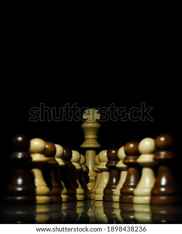 Wooden chess pieces on the chessboard in black background
