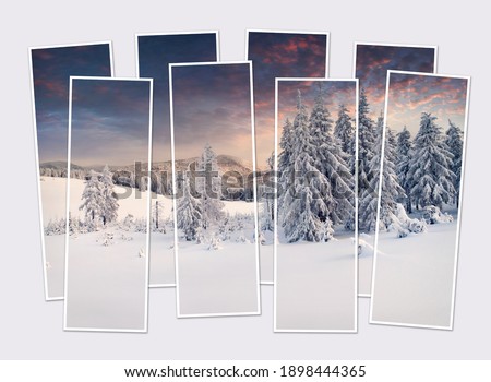 Isolated eight frames collage of picture of amazing winter scene of snowy mountains. Great sunset in Carpathian mountains. Mock-up of modular photo.
