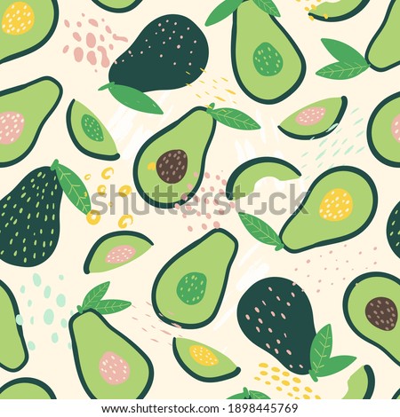 Doodle avocado and abstract elements. Vector seamless pattern. Hand drawn illustrations. Royalty-Free Stock Photo #1898445769