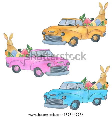 watercolor easter tractor truck clipart bunny rabbit eggs yellow blue pink, vintage truck,