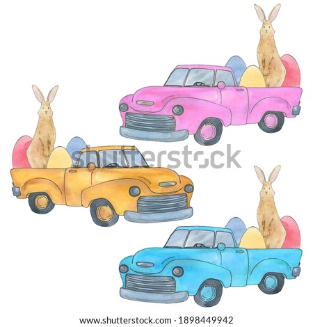 watercolor easter tractor truck clipart bunny rabbit eggs yellow blue pink, vintage truck,