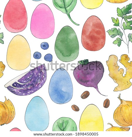 watercolor easter seamless pattern, rabbit eggs tractor truck vegetables