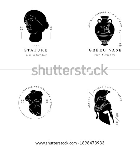 Vector set of antique logos - statues, amphora, and helmet. Ancient greek or roman style elements Royalty-Free Stock Photo #1898473933
