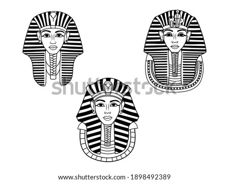 Set of portrait of King Tutankhamun. Collection of burial mask of the Egyptian pharaoh. Ancient Egypt. T-shirt or postcard design. Vector illustration isolated on white background. Royalty-Free Stock Photo #1898492389