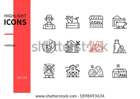 Farming - modern line design style icons set. Agriculture concept. Farmer, crop, market, farm animals, tools, house, tractor, dairy products, windmill, barn, haystacks, greenhouse Royalty-Free Stock Photo #1898493634
