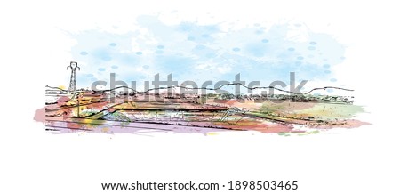 Building view with landmark of Cartagena is the
city in Spain. Watercolour splash with hand drawn sketch illustration in vector.