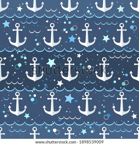 Seamless vector pattern with cute white anchor on marine sea background. Design for print, fabric, wallpaper, card, baby shower