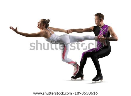 Lift. Duo figure skating in action on isolated on white background