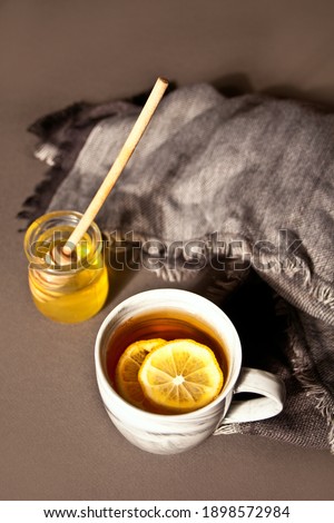 Hot tea with lemon and honey on the dark background