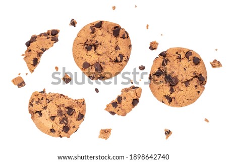 Isolated clipping path of die cut dark chocolate chip cookies piece stack and crumbs on white background of closeup tasty bakery organic homemade American biscuit sweet dessert Royalty-Free Stock Photo #1898642740