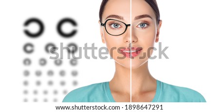 Female face, cut in half to present before and after laser vision correction. Woman face with glasses and without glasses, on background virtual holographic eye chart Royalty-Free Stock Photo #1898647291
