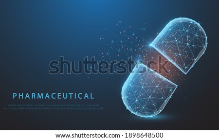 Pills. Abstract polygonal wireframe light capsule in blue background. Medical, pharmacy, health, vitamin, antibiotic, pharmaceutical, treatment concept illustration. glowing blue or low polygon. Royalty-Free Stock Photo #1898648500