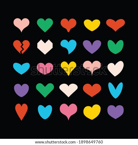 Trendy and colorful cute isolated and solid different beautiful heart shapes icons set on black background