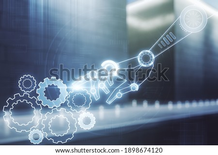 Abstract virtual robotics technology hologram on blurry contemporary office building background, artificial intelligence and machine learning concept. Multi exposure