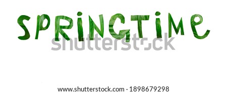 words - spring time - made from young cutting leaves lie isolated on white background. Green letters. Empty copy space for inscription or objects. Sign symbol concept of season in nature. springtime