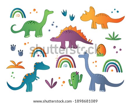 Cute collection with lovely dinosaurs characters. Dino colorfull print for kids decor. Vector illustration set.