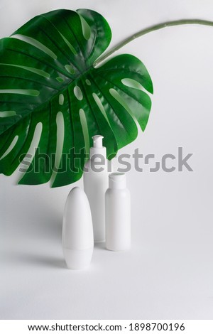 Set of organic bodycare cosmetic products on white background with tropical leaves. Cream, shampoo, conditioner, deodorant or soap on plastic bottle